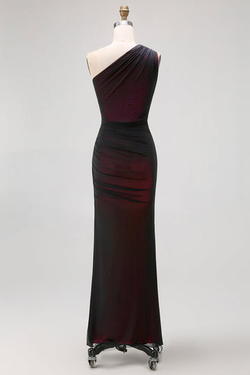 One Shoulder Black Pink Sheath Long Bridesmaid Dress with Slit